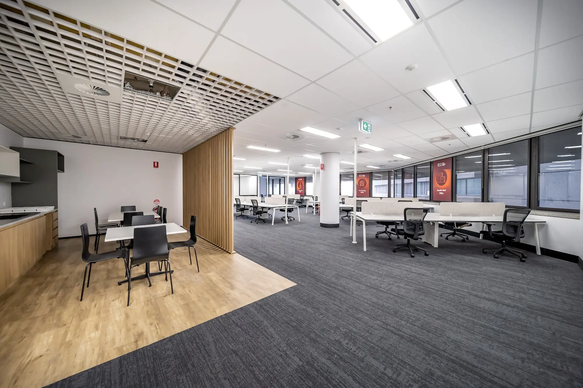 King William Street office construction and fit-out showing kitchen and desks