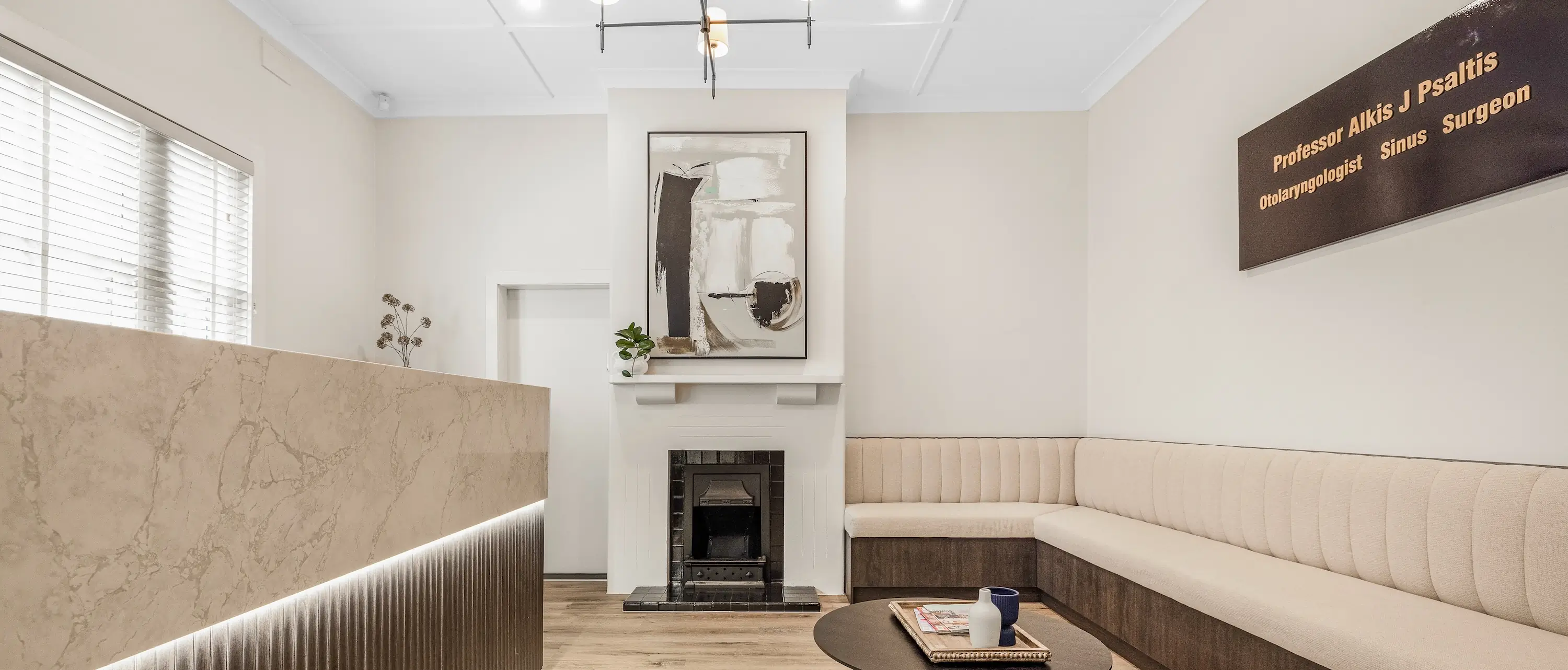 The main reception area of a doctor studio contructed in Adelaide by NDK.